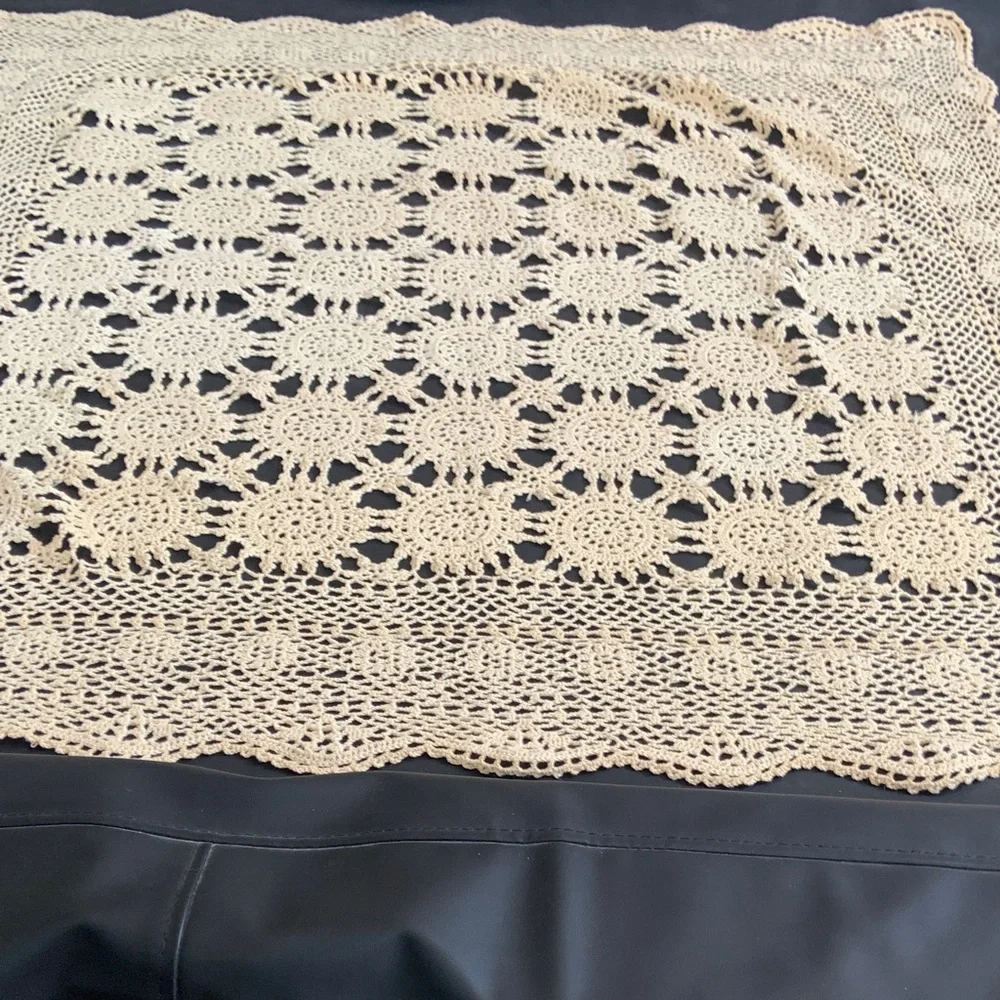 Cream Crochet Lace Table Topper 41.5” Square Cottagecore Farmhouse
